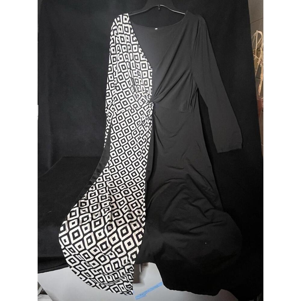 Stylish Black Dress with Geometric Print Panel Past Knee Midi Size 4XL